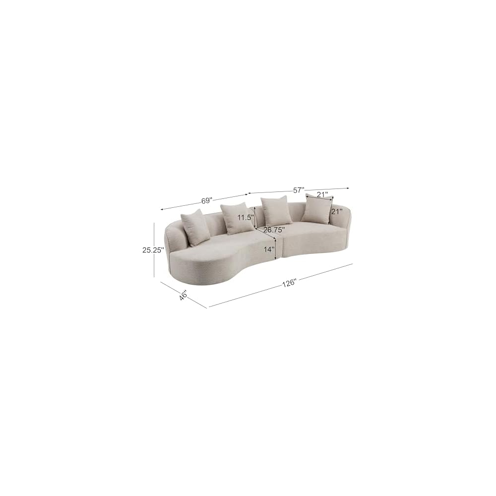 Christopher Knight Home Braebt 126" Comfy Upholstered Cloud Couch, 5-Seater Sofa Couches, Curved Modular Sectional Sofa with 4 Throw Pillows for Living Room, Study, No Assembly Required, Almond