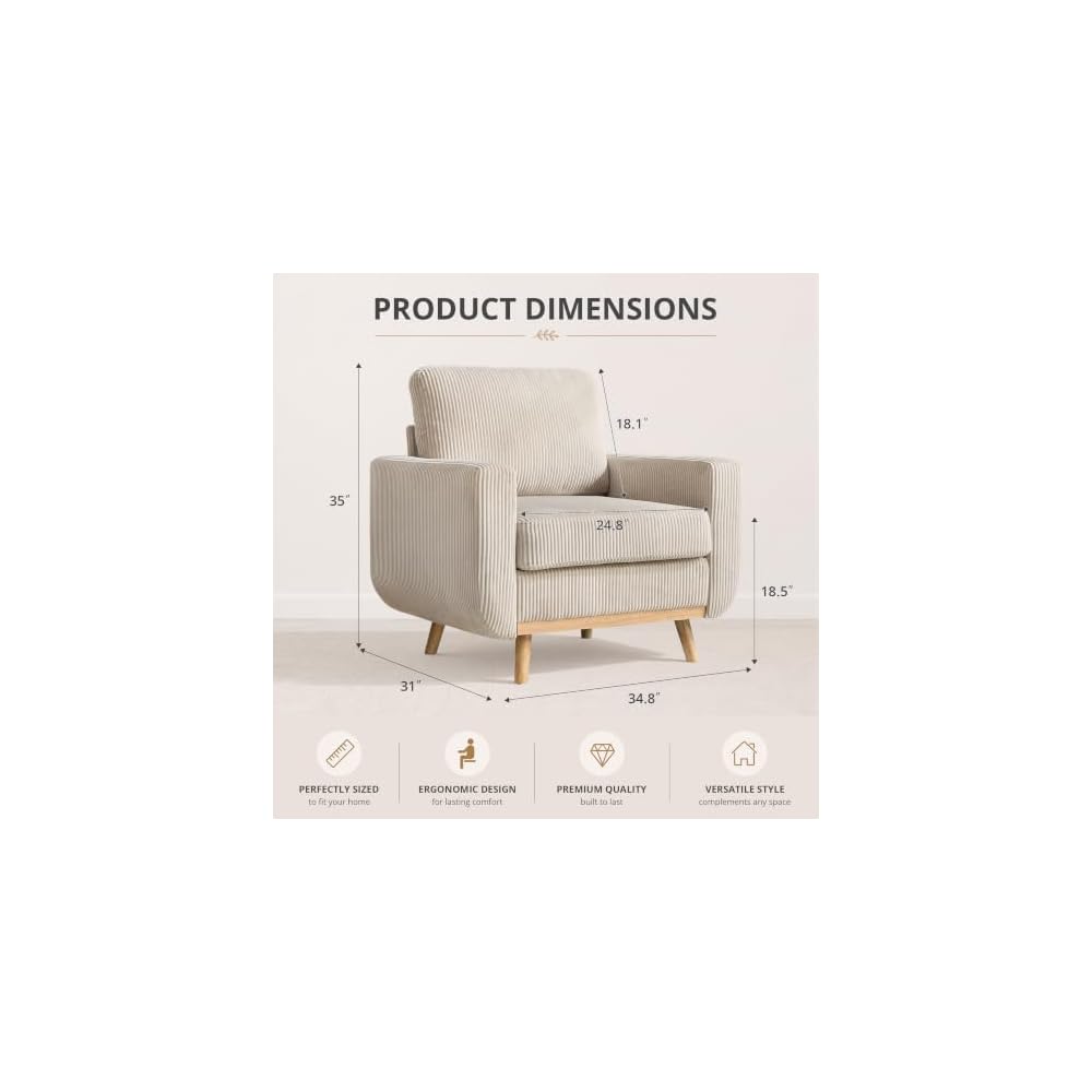 Accent Chair for Bedroom,Reading Chair with Deep Seat,Corduroy Armchair with Wood Legs, Comfy Living Room Chairs Single Sofa for Bedroom,Living Room and Apartment(Oatmeal)