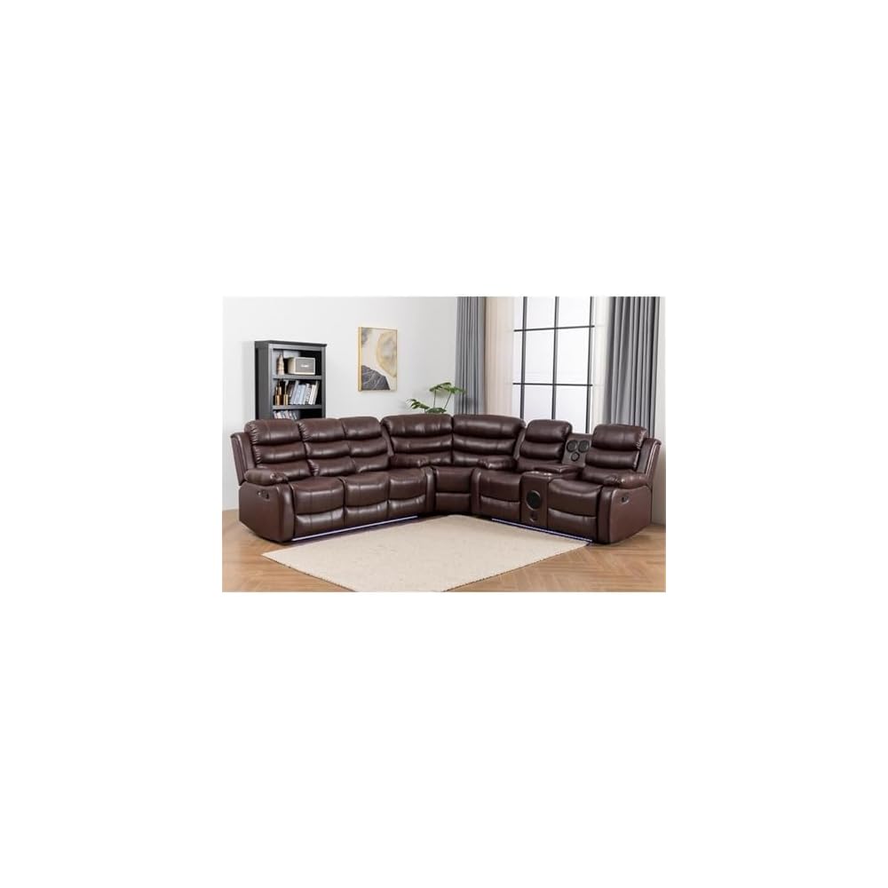 Pemberly Row Faux Leather Reclining Sectional Sofa, Brown, Modern Living Room Set with LED Lights, USB Chargers, Multifunction Sound System, Cup Holders, Hidden Storage, Durable PU Leather Upholstery
