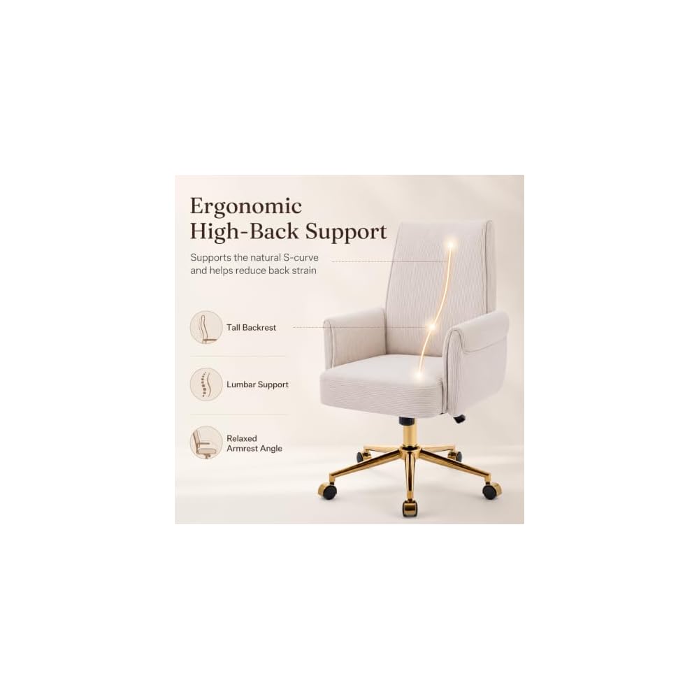 White Vanity Chair with Wheels & Gold Metal Legs, High Back Support