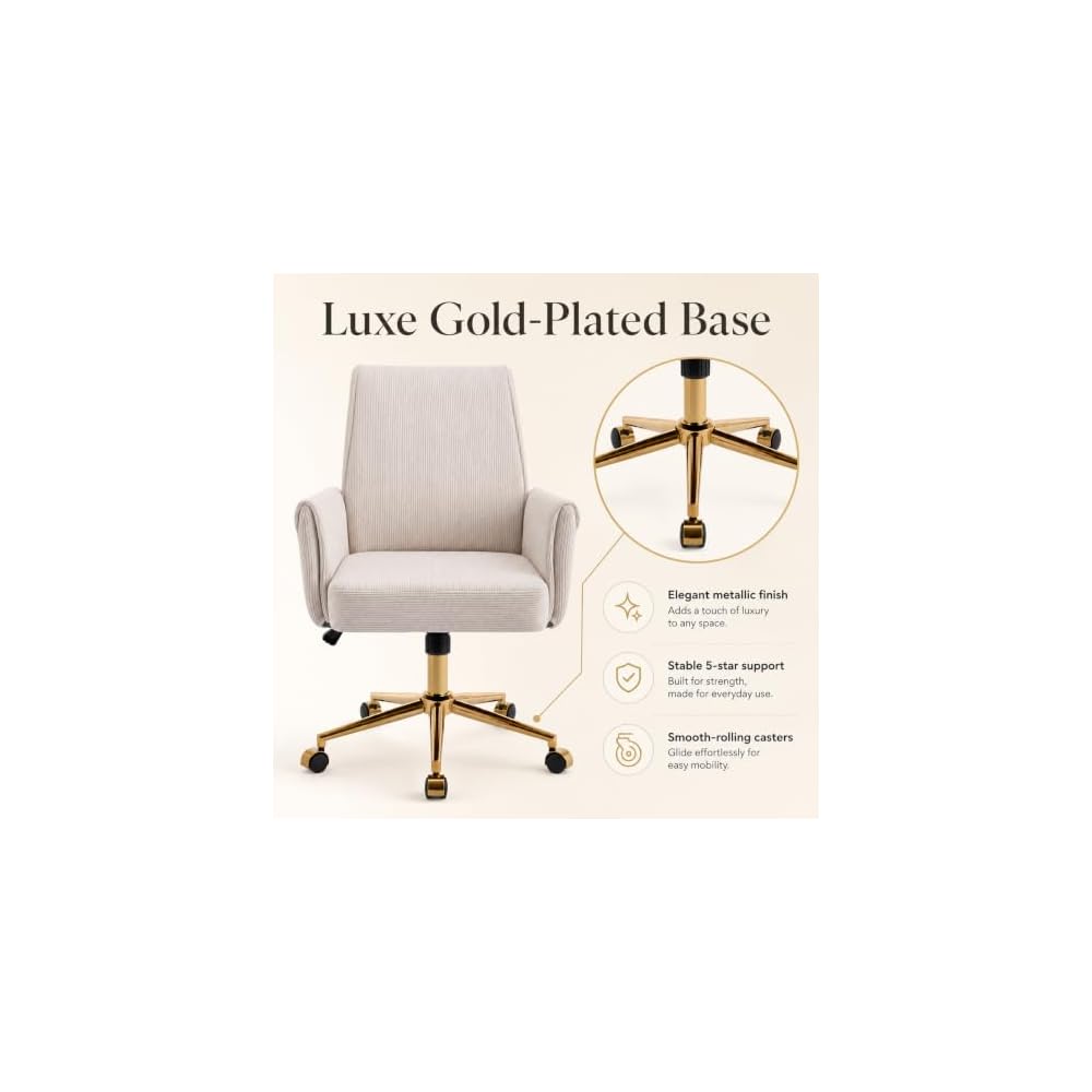 White Vanity Chair with Wheels & Gold Metal Legs, High Back Support