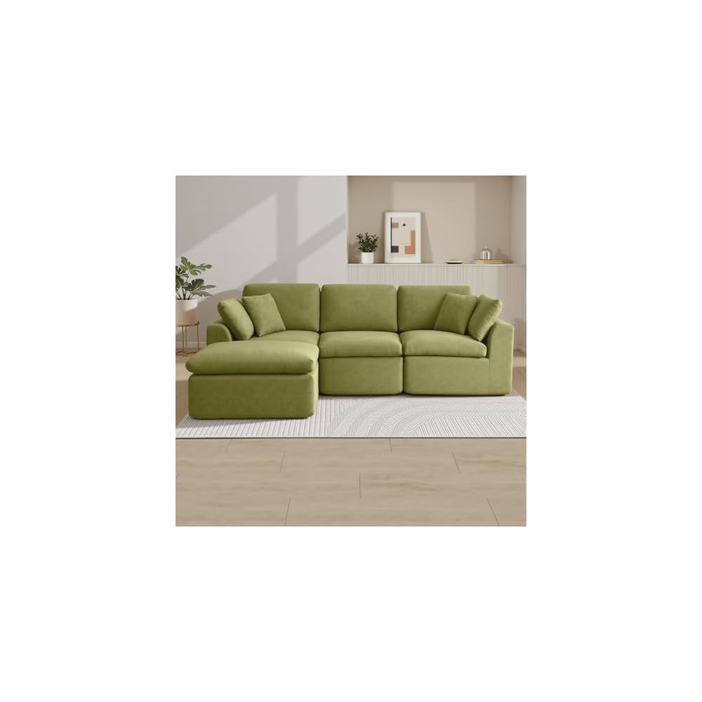 111 Inch Cloud Sectional Couch for Living Room, Modular Boneless Couch with Dual-Layer Cushion, Comfy Deep Seat L-Shaped Couch with Ottoman, Modern Chenille Sectional Sofa, No Assembly, Green