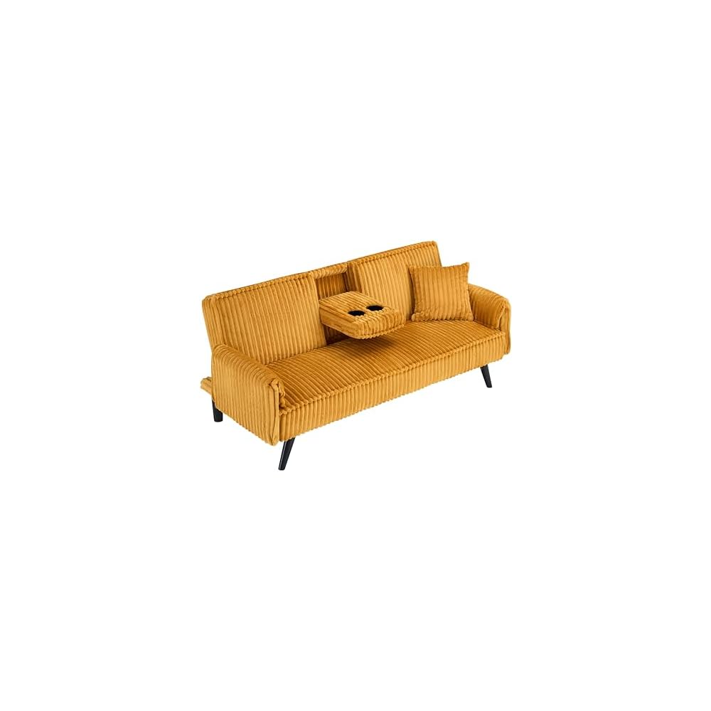 ERYE 72" Plush Corduroy Upholstered Futon Sofabed for Living Room Bedroom Studio, Modern Futon Sleeper Bed Convertible Love Seat Sofa W/Adjustable Backrest & Drop-Down Cupholders