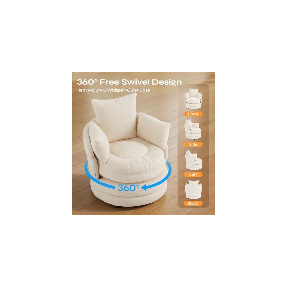 Pinmoco Swivel Barrel Chair, Teddy Velvet Round Accent Chair with 360° Rotating Base, Extra Large Comfortable Living Room Reading Chair, Off-White