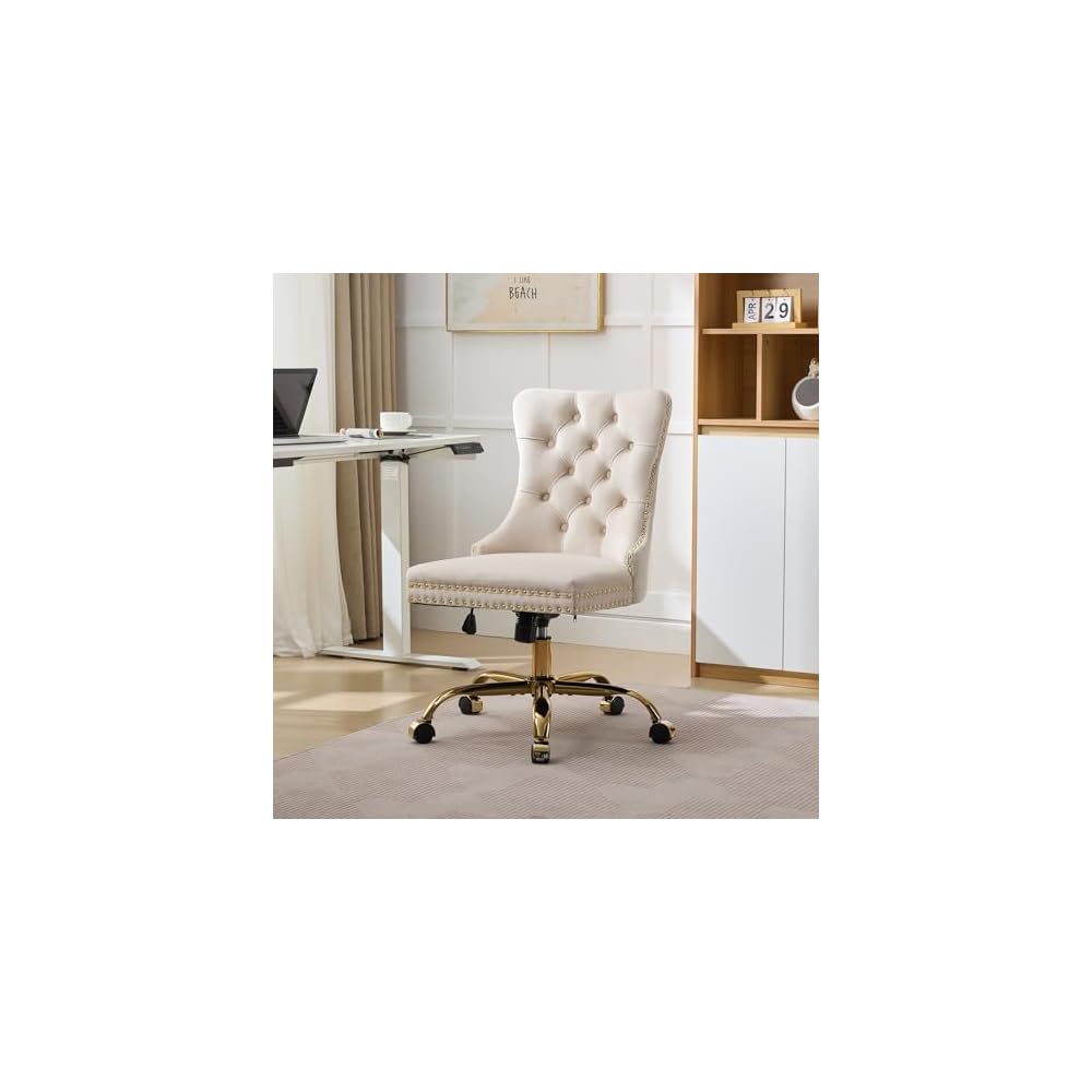 Modern Velvet Tufted Button Home Office Chair with Golden Metal Base – Luxurious Comfort, Ergonomic Design for Professionals & Students