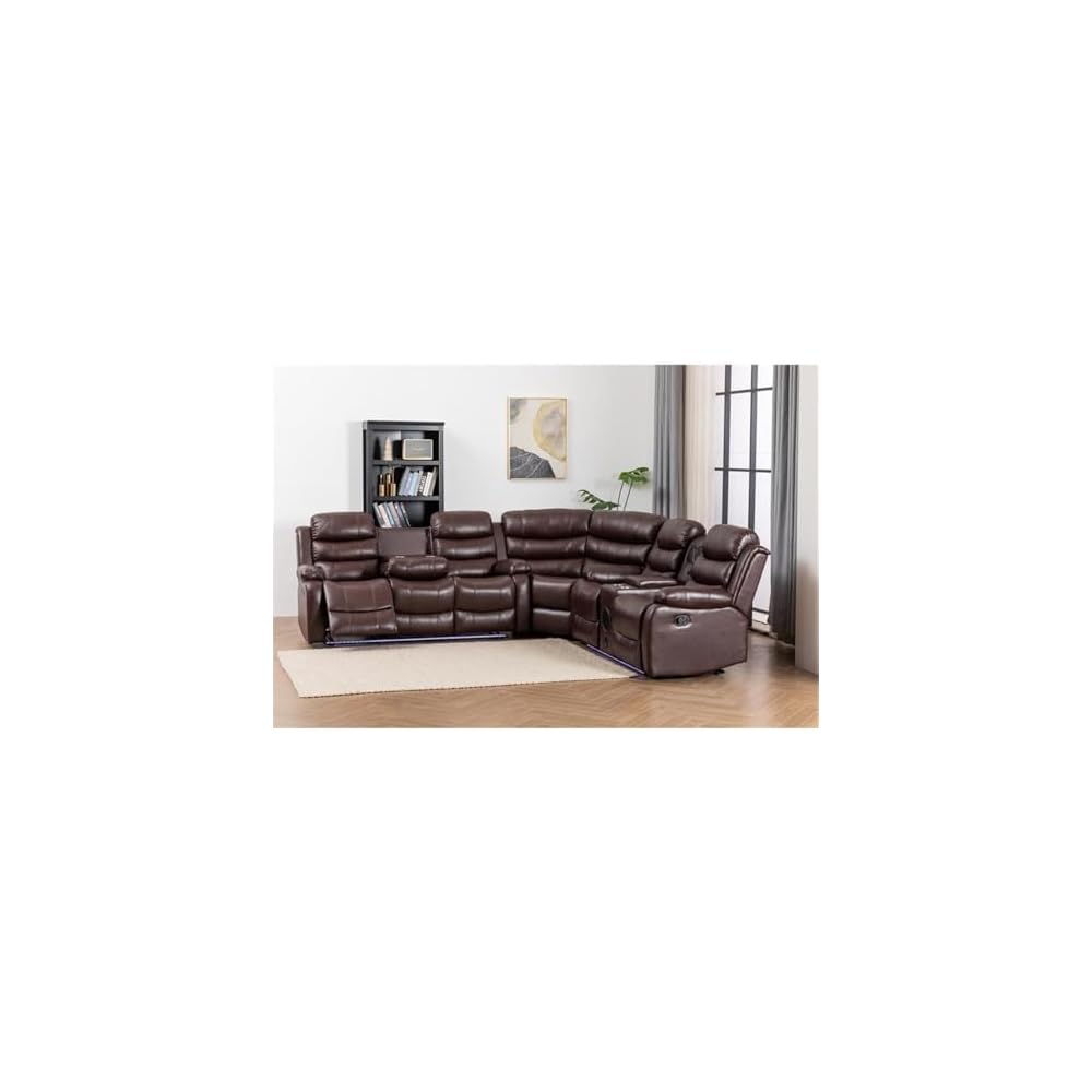 Pemberly Row Faux Leather Reclining Sectional Sofa, Brown, Modern Living Room Set with LED Lights, USB Chargers, Multifunction Sound System, Cup Holders, Hidden Storage, Durable PU Leather Upholstery