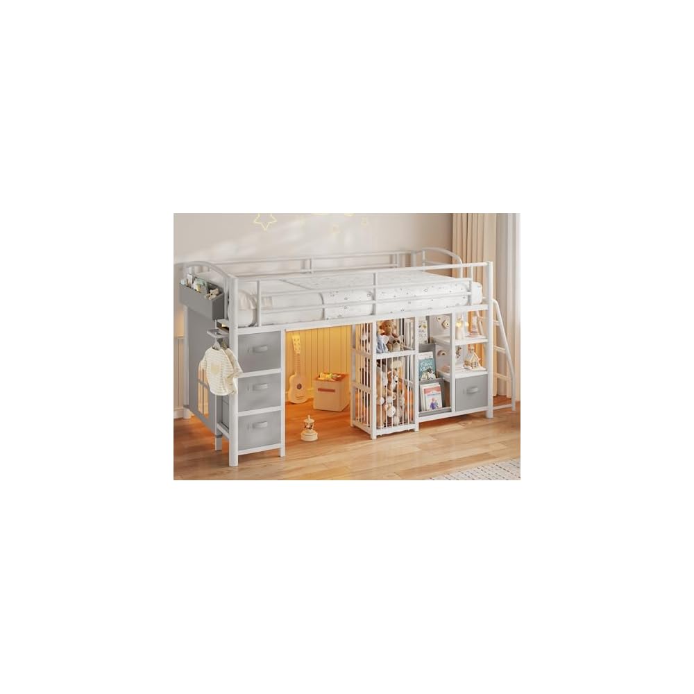 Twin Low Loft Bed, Kids Loft Bed, Storage Drawers, LED Lights, White Gray