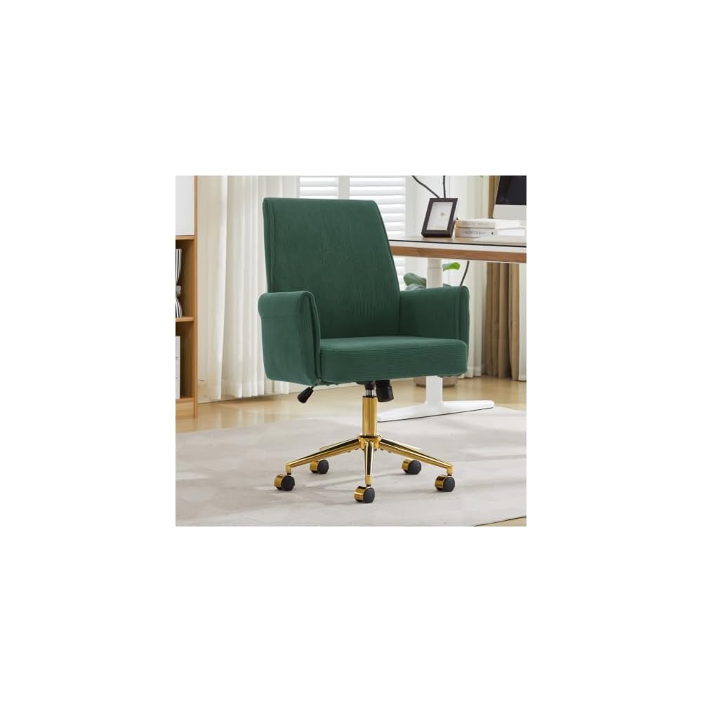 White Vanity Chair with Wheels & Gold Metal Legs, High Back Support