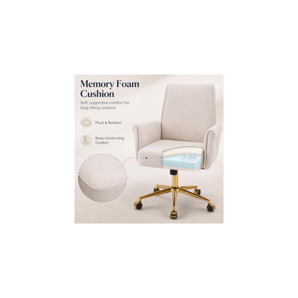 White Vanity Chair with Wheels & Gold Metal Legs, High Back Support