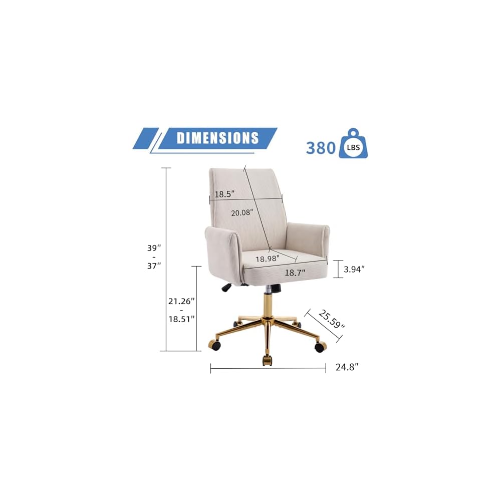 White Vanity Chair with Wheels & Gold Metal Legs, High Back Support