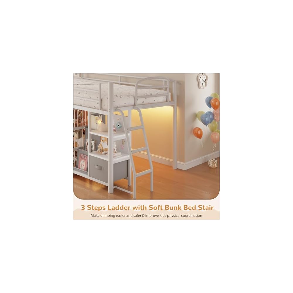 Twin Low Loft Bed, Kids Loft Bed, Storage Drawers, LED Lights, White Gray