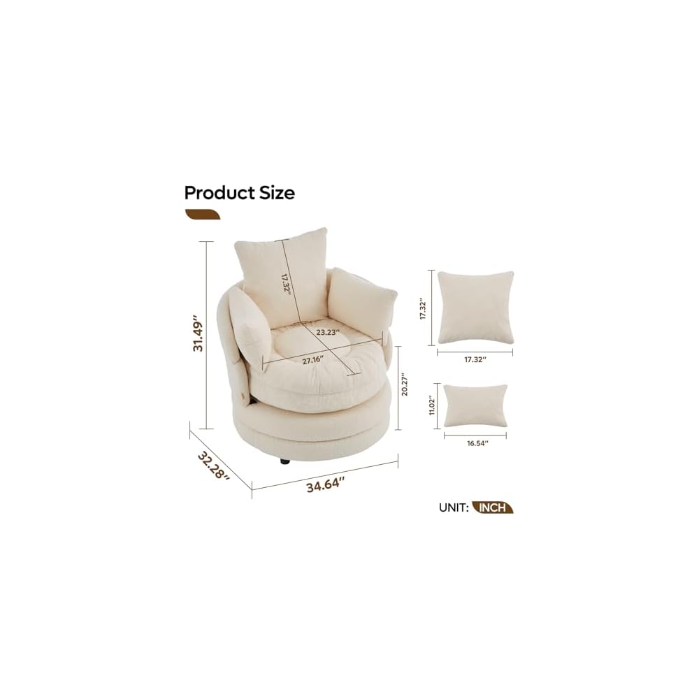 Pinmoco Swivel Barrel Chair, Teddy Velvet Round Accent Chair with 360° Rotating Base, Extra Large Comfortable Living Room Reading Chair, Off-White
