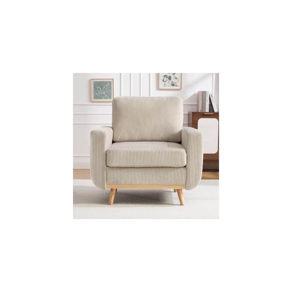 Accent Chair for Bedroom,Reading Chair with Deep Seat,Corduroy Armchair with Wood Legs, Comfy Living Room Chairs Single Sofa for Bedroom,Living Room and Apartment(Oatmeal)