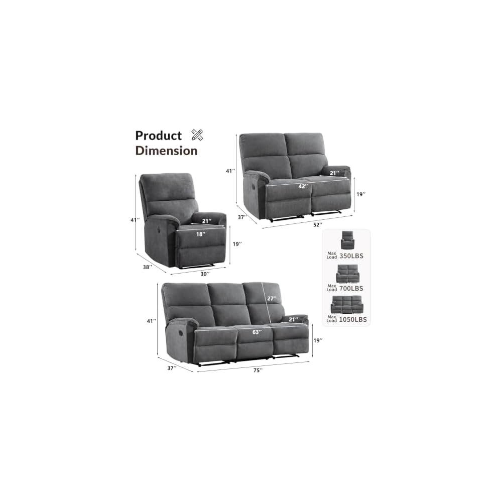 ANJ Soft Fabric Recliner Sofa Set, Single Power Reclining Chair and Manual Loveseat Reclining Sofa with Overstuffed Backrest and Armrests, 2PCS Heavy Duty Recliners for Living Room, Grey