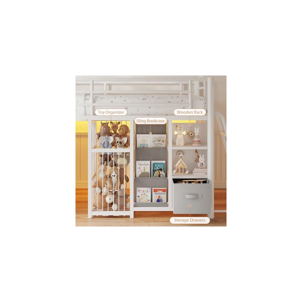 Twin Low Loft Bed, Kids Loft Bed, Storage Drawers, LED Lights, White Gray