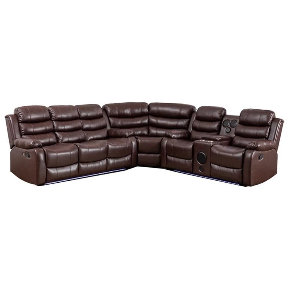 Pemberly Row Faux Leather Reclining Sectional Sofa, Brown, Modern Living Room Set with LED Lights, USB Chargers, Multifunction Sound System, Cup Holders, Hidden Storage, Durable PU Leather Upholstery