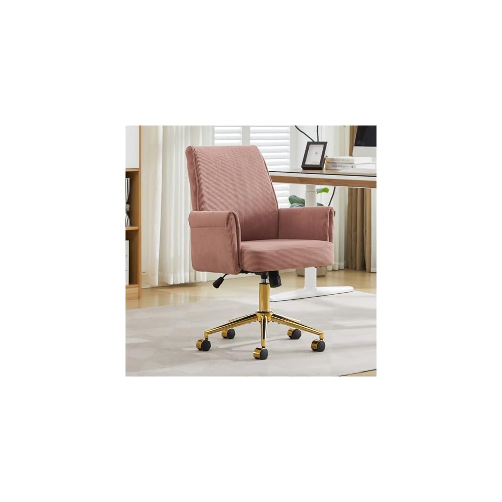 White Vanity Chair with Wheels & Gold Metal Legs, High Back Support