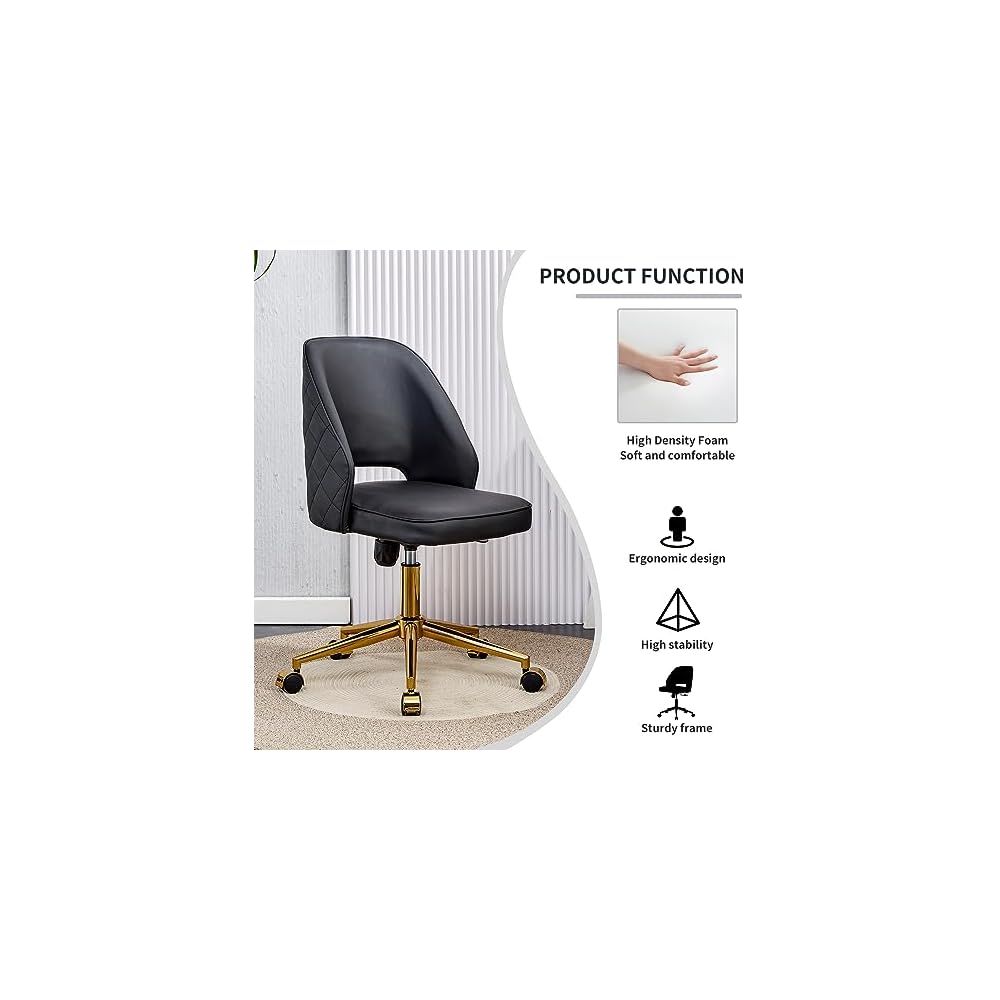 Leather Office Chair Adjustable Height Swivel Modern Home Office Chair Hollow Back Vanity Chair Desk Chair Computer Chair on Wheels Upholstered Task Chair Accent Chair Executive Chair (Black)