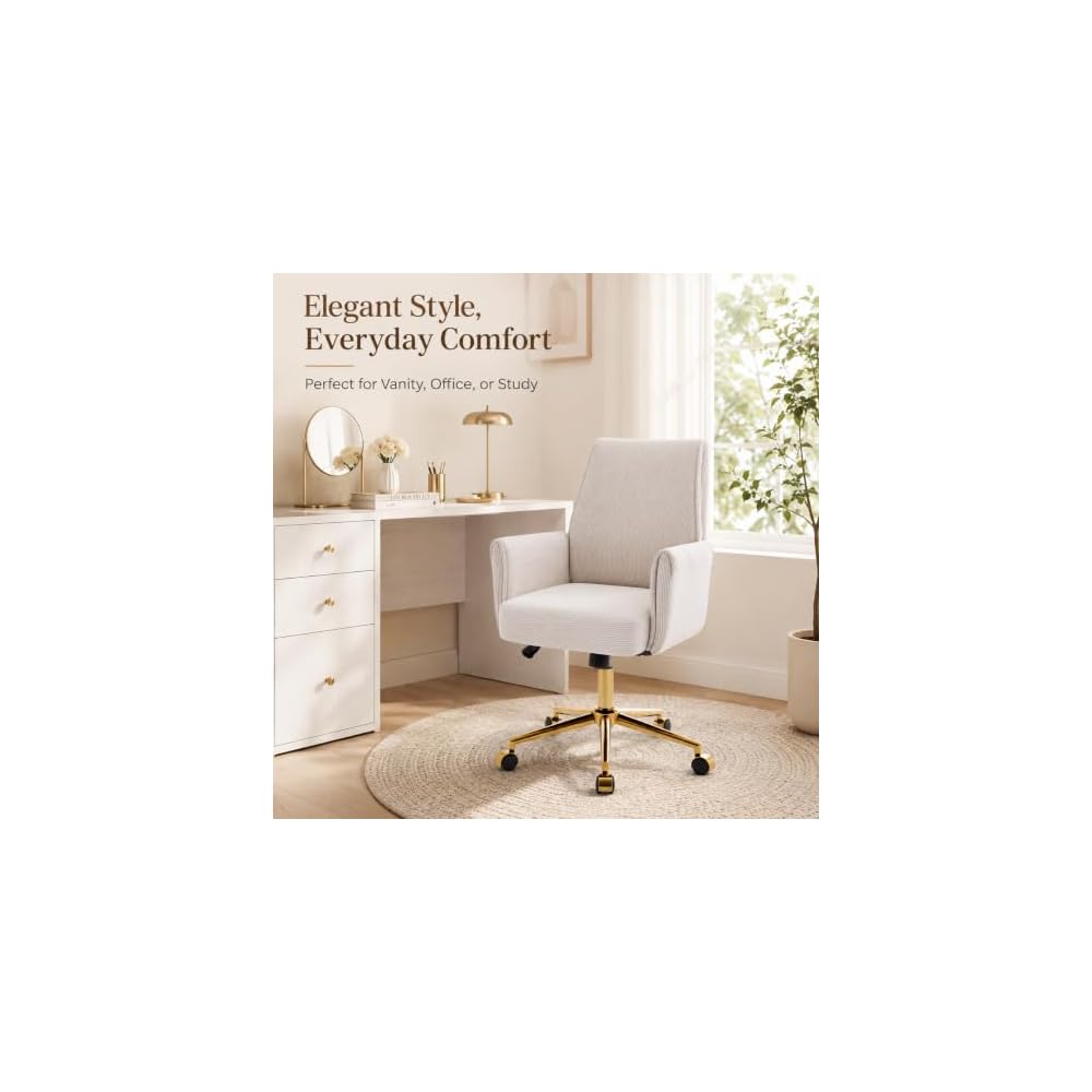 White Vanity Chair with Wheels & Gold Metal Legs, High Back Support