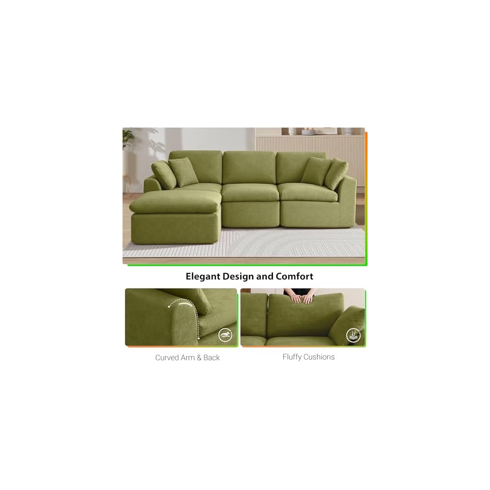 111 Inch Cloud Sectional Couch for Living Room, Modular Boneless Couch with Dual-Layer Cushion, Comfy Deep Seat L-Shaped Couch with Ottoman, Modern Chenille Sectional Sofa, No Assembly, Green