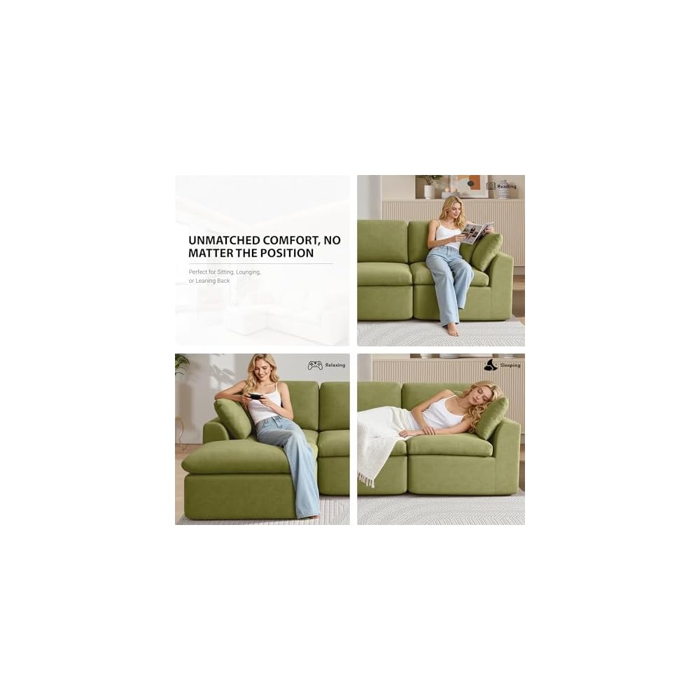 111 Inch Cloud Sectional Couch for Living Room, Modular Boneless Couch with Dual-Layer Cushion, Comfy Deep Seat L-Shaped Couch with Ottoman, Modern Chenille Sectional Sofa, No Assembly, Green