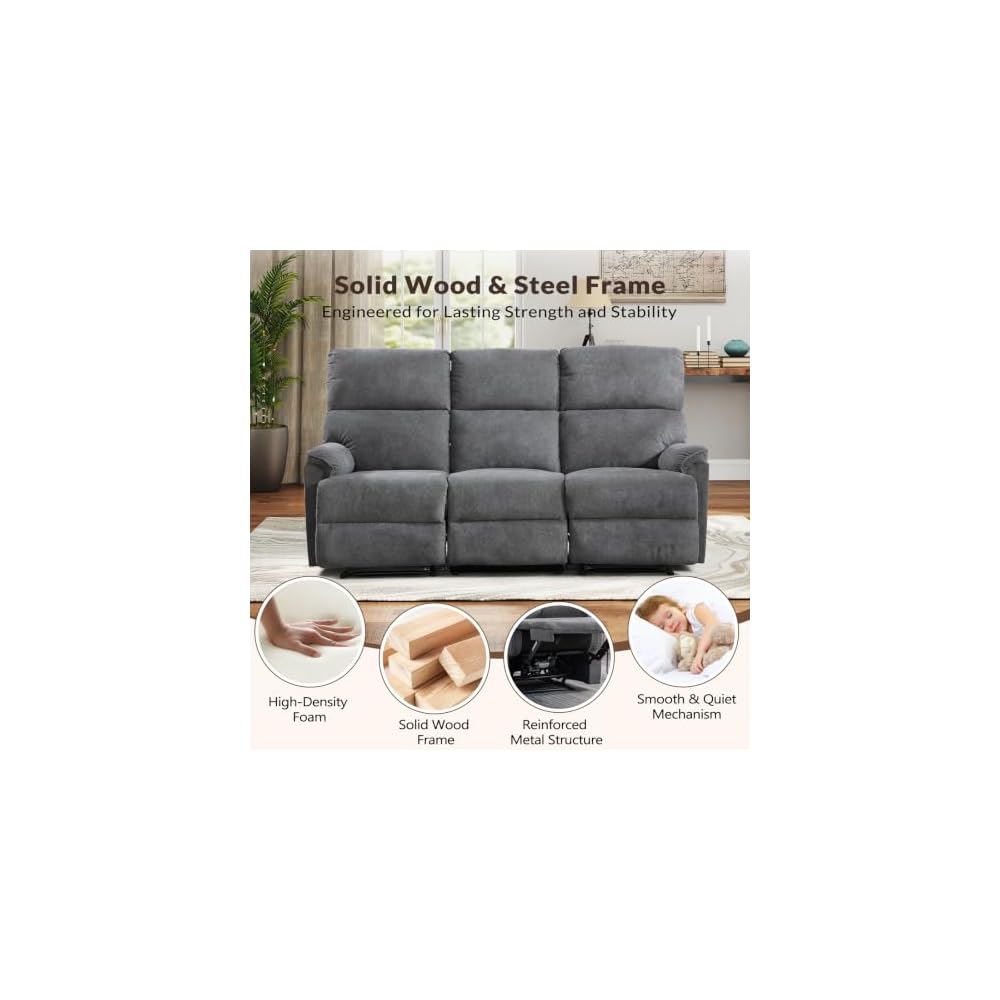 ANJ Soft Fabric Recliner Sofa Set, Single Power Reclining Chair and Manual Loveseat Reclining Sofa with Overstuffed Backrest and Armrests, 2PCS Heavy Duty Recliners for Living Room, Grey