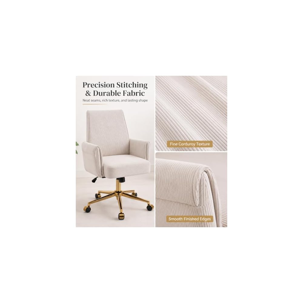 White Vanity Chair with Wheels & Gold Metal Legs, High Back Support