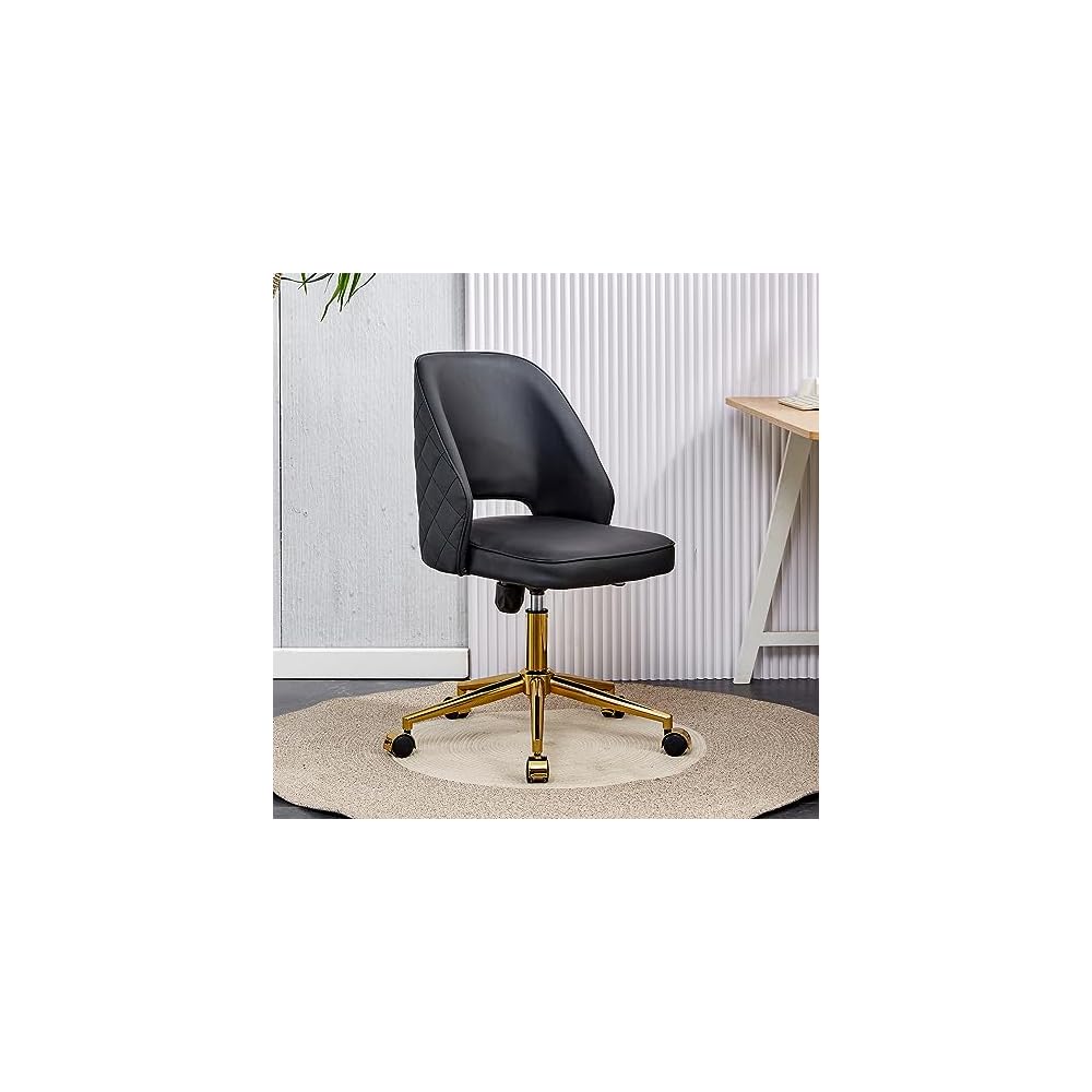 Leather Office Chair Adjustable Height Swivel Modern Home Office Chair Hollow Back Vanity Chair Desk Chair Computer Chair on Wheels Upholstered Task Chair Accent Chair Executive Chair (Black)