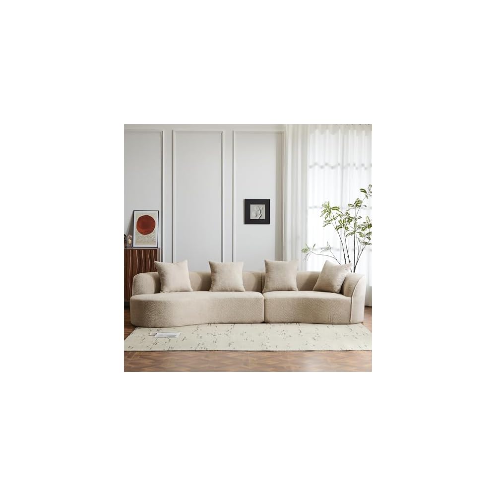 Christopher Knight Home Braebt 126" Comfy Upholstered Cloud Couch, 5-Seater Sofa Couches, Curved Modular Sectional Sofa with 4 Throw Pillows for Living Room, Study, No Assembly Required, Almond