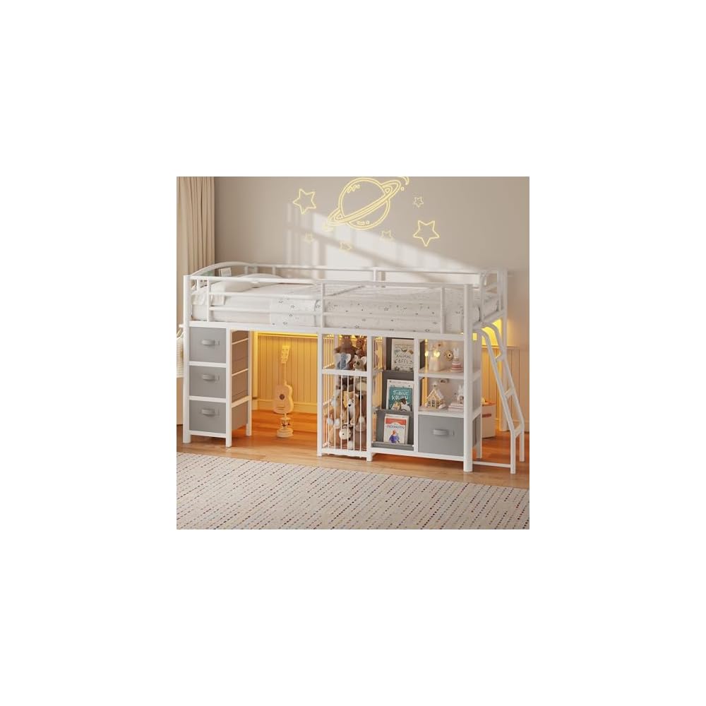 Twin Low Loft Bed, Kids Loft Bed, Storage Drawers, LED Lights, White Gray