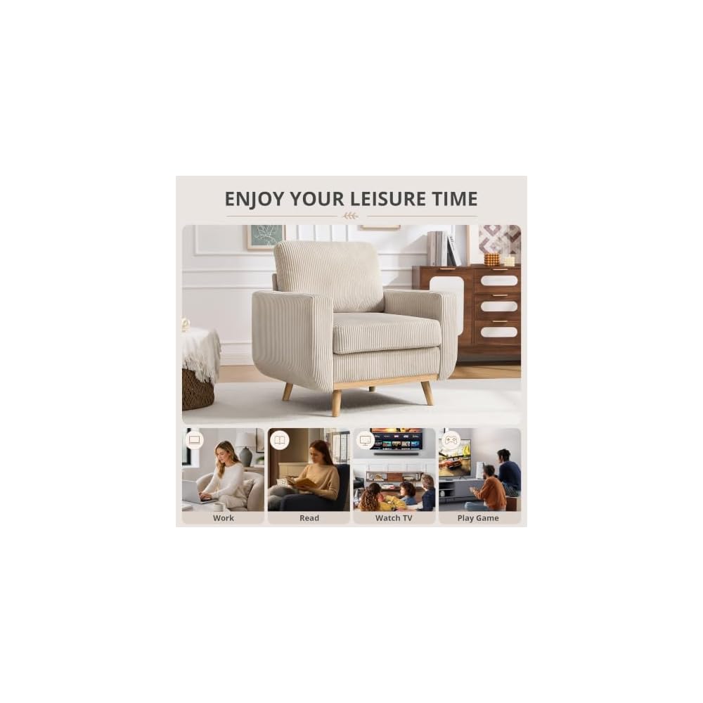 Accent Chair for Bedroom,Reading Chair with Deep Seat,Corduroy Armchair with Wood Legs, Comfy Living Room Chairs Single Sofa for Bedroom,Living Room and Apartment(Oatmeal)