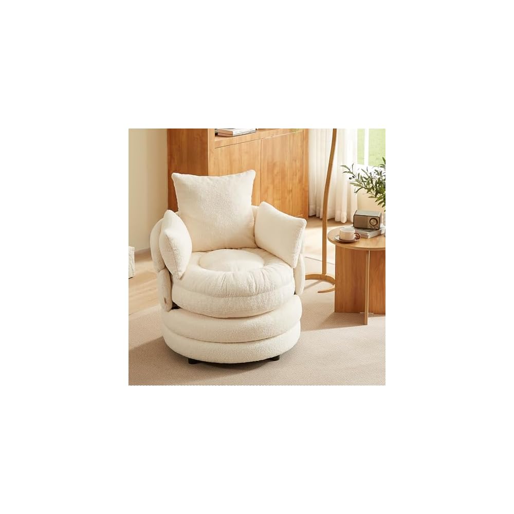 Pinmoco Swivel Barrel Chair, Teddy Velvet Round Accent Chair with 360° Rotating Base, Extra Large Comfortable Living Room Reading Chair, Off-White