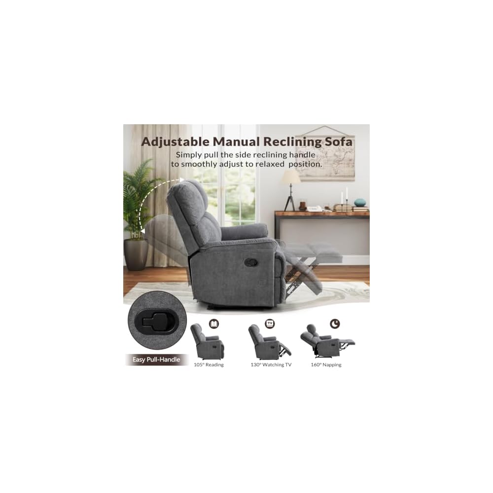 ANJ Soft Fabric Recliner Sofa Set, Single Power Reclining Chair and Manual Loveseat Reclining Sofa with Overstuffed Backrest and Armrests, 2PCS Heavy Duty Recliners for Living Room, Grey