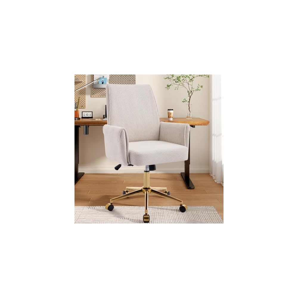 White Vanity Chair with Wheels & Gold Metal Legs, High Back Support