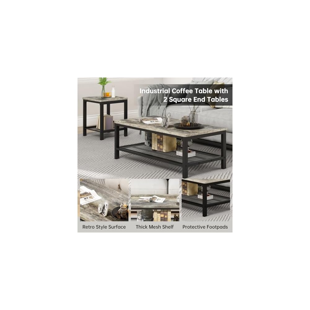 Lamerge Coffee Table Set of 3 Coffee Table and end Table Sets, Modern Metal Frame Living Room Center Table for Small Apartment Home Office（Gray）