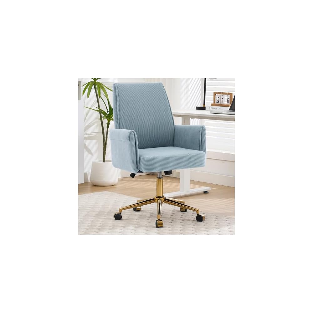 White Vanity Chair with Wheels & Gold Metal Legs, High Back Support