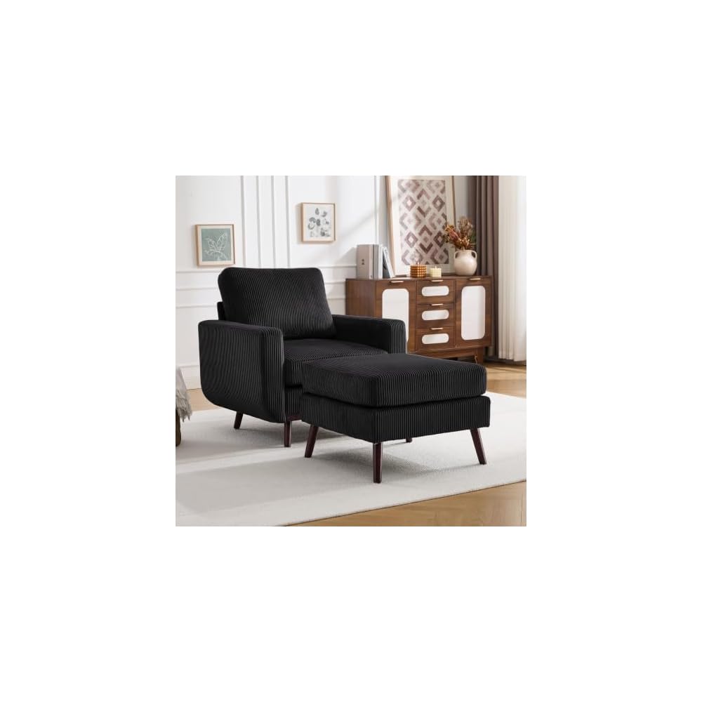Accent Chair for Bedroom,Reading Chair with Deep Seat,Corduroy Armchair with Wood Legs, Comfy Living Room Chairs Single Sofa for Bedroom,Living Room and Apartment(Oatmeal)