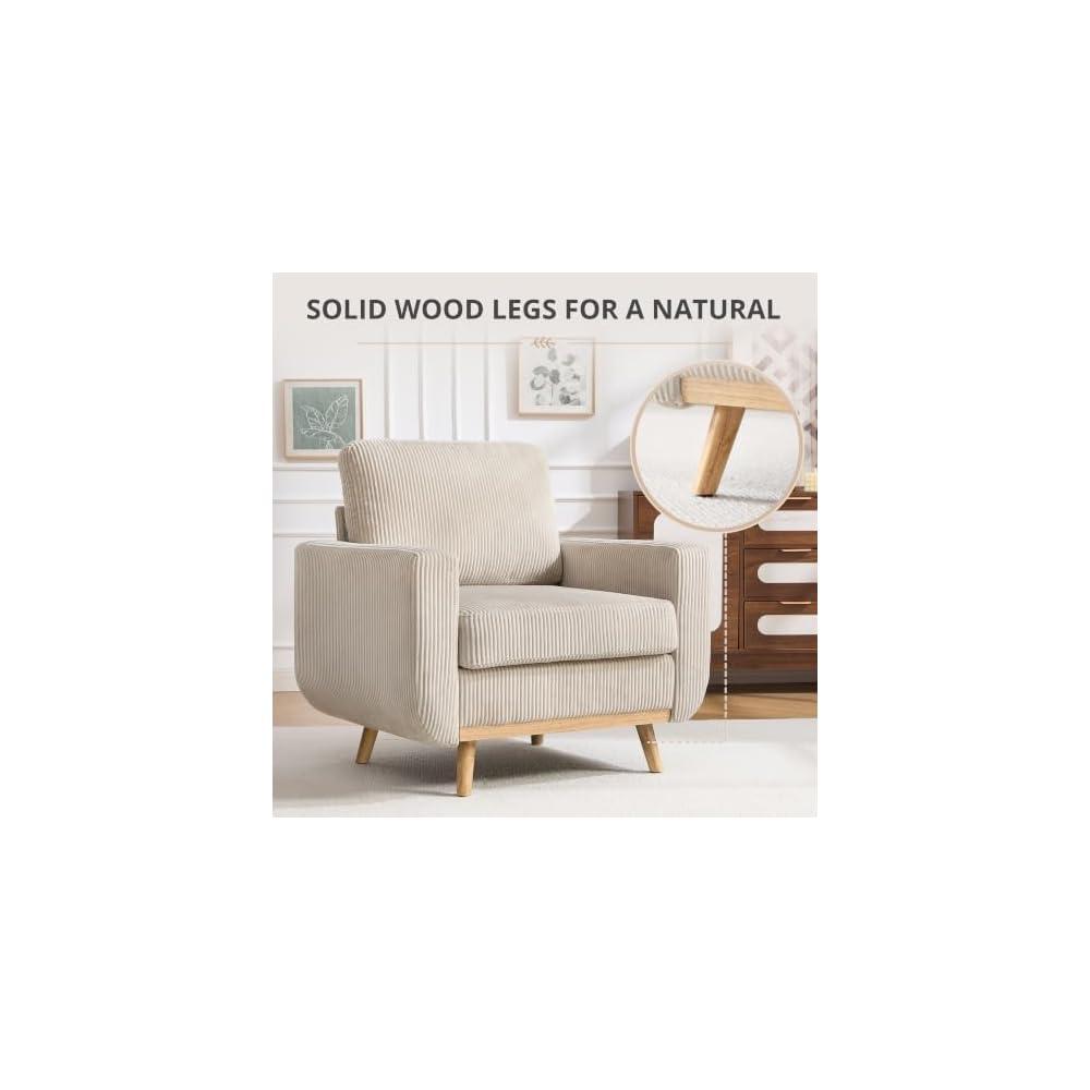 Accent Chair for Bedroom,Reading Chair with Deep Seat,Corduroy Armchair with Wood Legs, Comfy Living Room Chairs Single Sofa for Bedroom,Living Room and Apartment(Oatmeal)