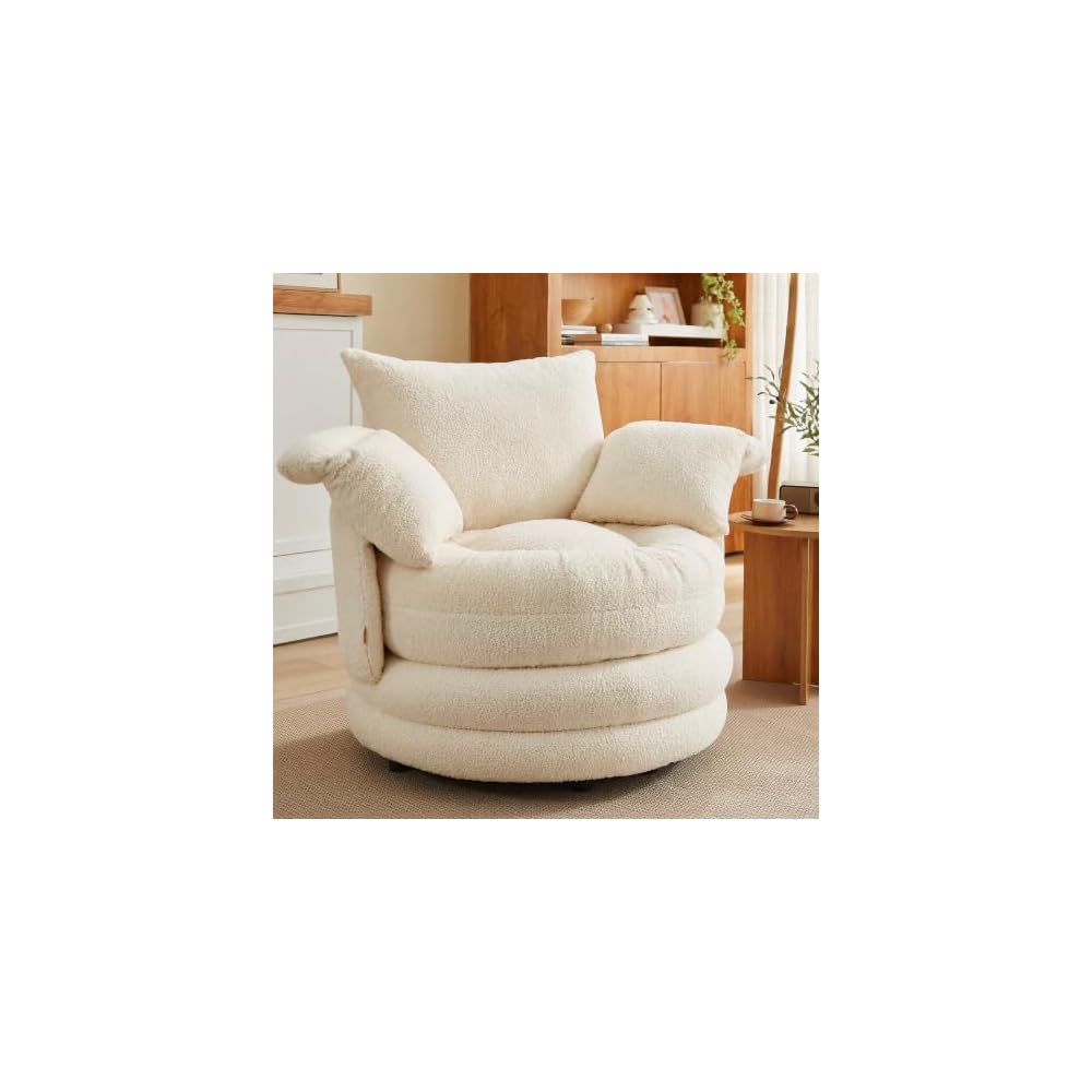 Pinmoco Swivel Barrel Chair, Teddy Velvet Round Accent Chair with 360° Rotating Base, Extra Large Comfortable Living Room Reading Chair, Off-White