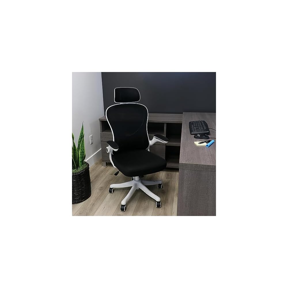 Elama High Back Adjustable Mesh and Fabric Office Chair with Adjustable Head Rest (White/Black)