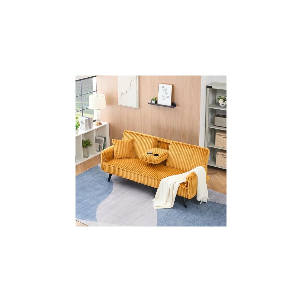 ERYE 72" Plush Corduroy Upholstered Futon Sofabed for Living Room Bedroom Studio, Modern Futon Sleeper Bed Convertible Love Seat Sofa W/Adjustable Backrest & Drop-Down Cupholders