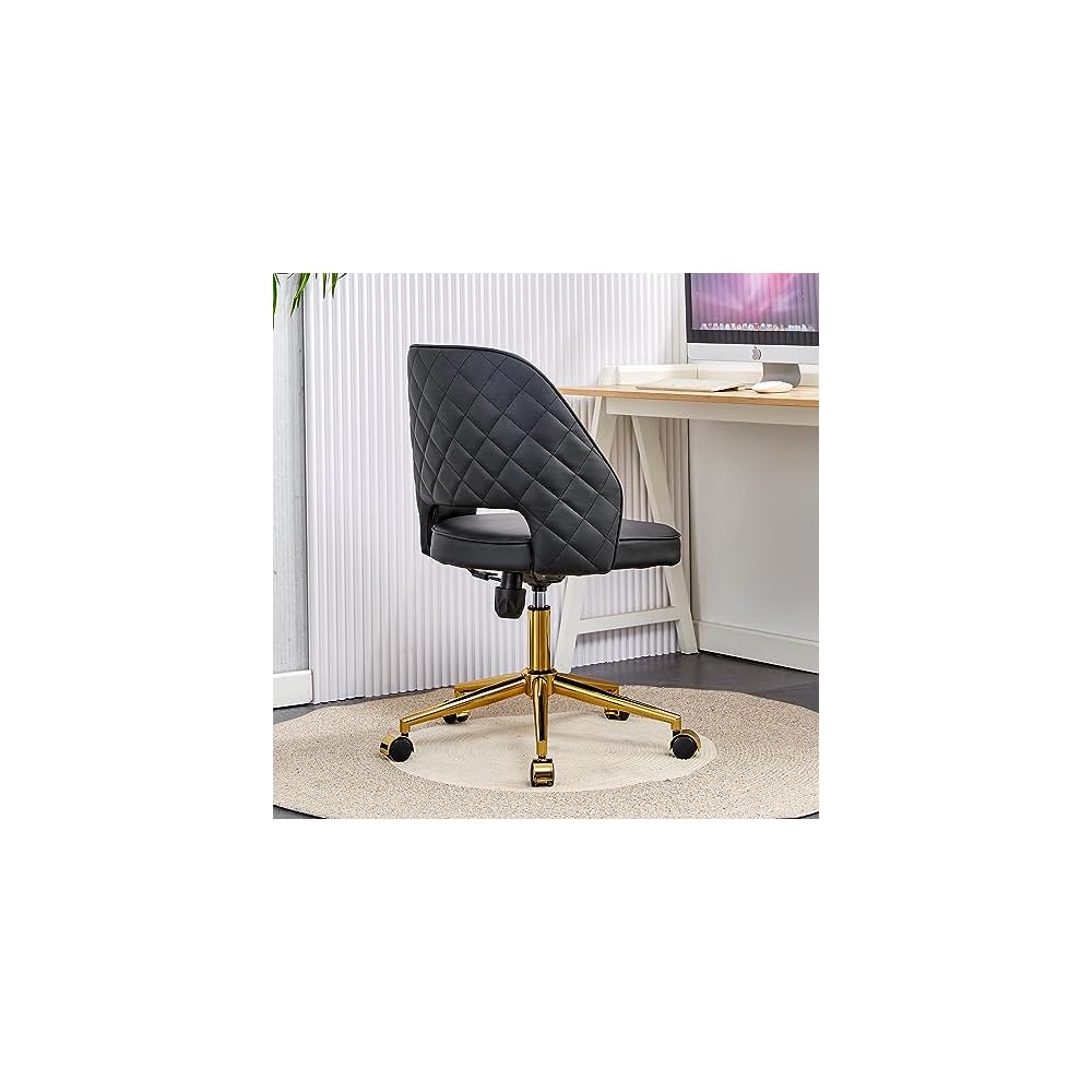 Leather Office Chair Adjustable Height Swivel Modern Home Office Chair Hollow Back Vanity Chair Desk Chair Computer Chair on Wheels Upholstered Task Chair Accent Chair Executive Chair (Black)