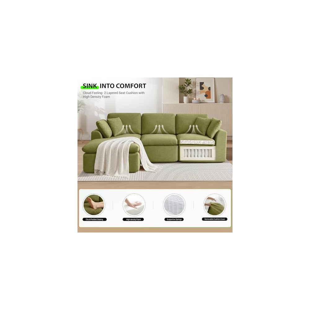 111 Inch Cloud Sectional Couch for Living Room, Modular Boneless Couch with Dual-Layer Cushion, Comfy Deep Seat L-Shaped Couch with Ottoman, Modern Chenille Sectional Sofa, No Assembly, Green