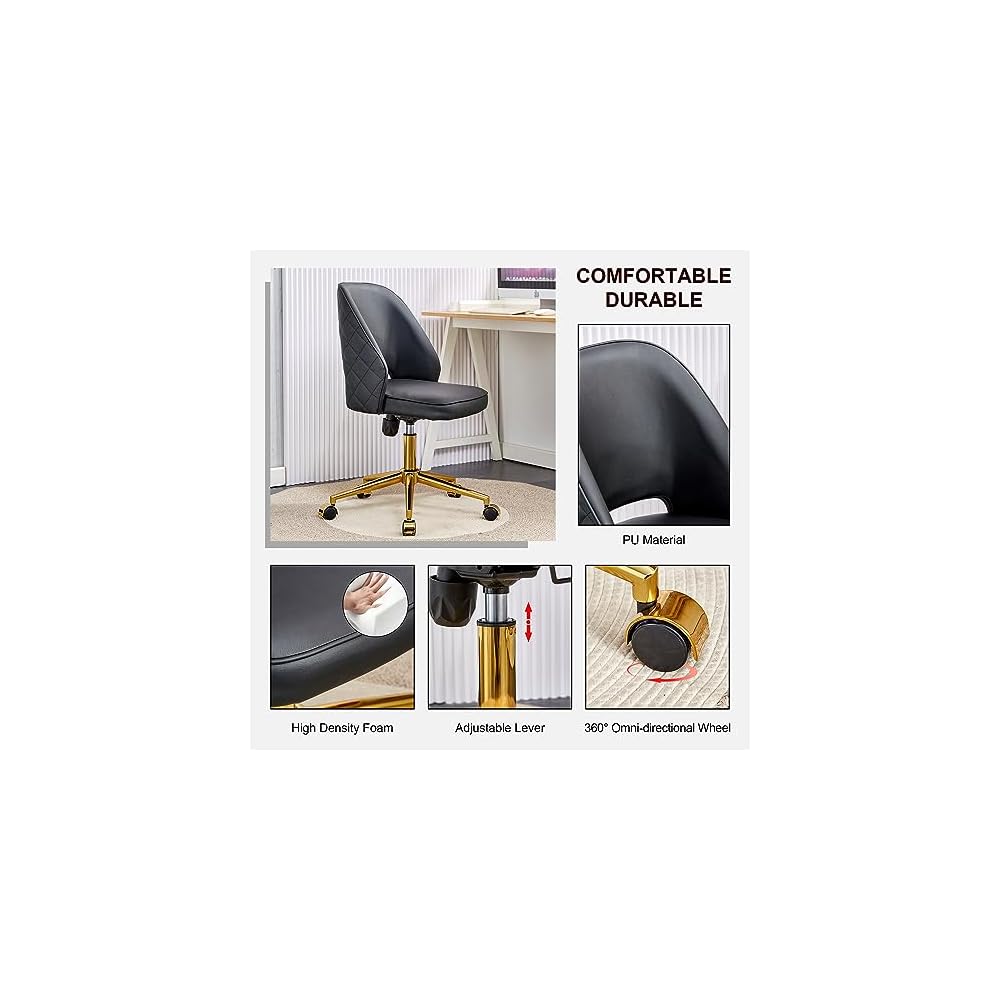 Leather Office Chair Adjustable Height Swivel Modern Home Office Chair Hollow Back Vanity Chair Desk Chair Computer Chair on Wheels Upholstered Task Chair Accent Chair Executive Chair (Black)