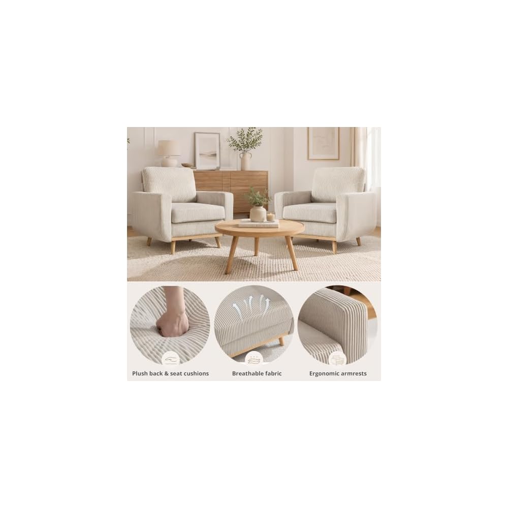 Accent Chair for Bedroom,Reading Chair with Deep Seat,Corduroy Armchair with Wood Legs, Comfy Living Room Chairs Single Sofa for Bedroom,Living Room and Apartment(Oatmeal)
