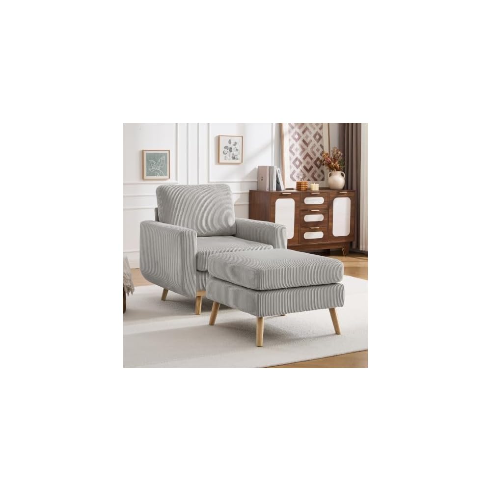 Accent Chair for Bedroom,Reading Chair with Deep Seat,Corduroy Armchair with Wood Legs, Comfy Living Room Chairs Single Sofa for Bedroom,Living Room and Apartment(Oatmeal)