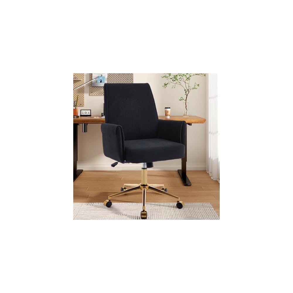White Vanity Chair with Wheels & Gold Metal Legs, High Back Support