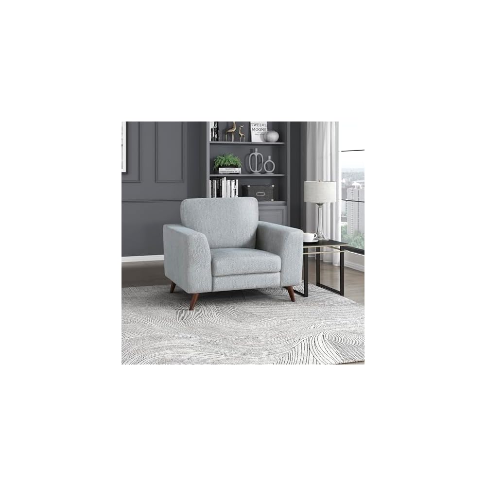 Lexicon Modern Accent Chair, Chenille Upholstered Armchair with Brown Legs, Track Arms, Single Sofa Chair for Living Room/Bedroom/Office/Waiting Room, Silver Cloud