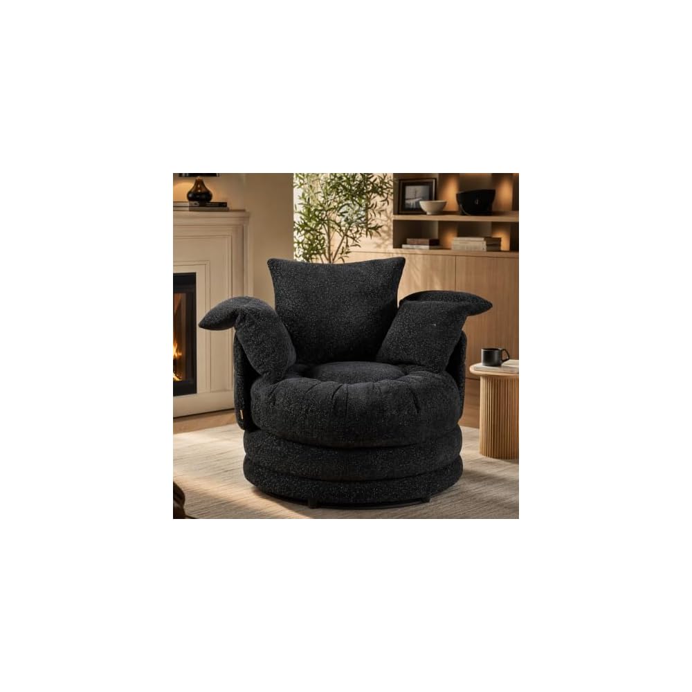 Pinmoco Swivel Barrel Chair, Teddy Velvet Round Accent Chair with 360° Rotating Base, Extra Large Comfortable Living Room Reading Chair, Off-White