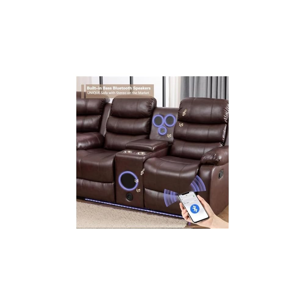 Pemberly Row Faux Leather Reclining Sectional Sofa, Brown, Modern Living Room Set with LED Lights, USB Chargers, Multifunction Sound System, Cup Holders, Hidden Storage, Durable PU Leather Upholstery